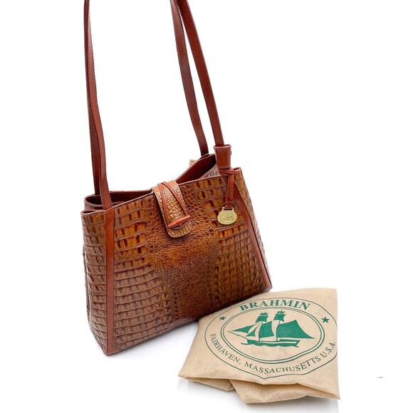 Brahmin Handbags - Brahmin VTG 2002 Sharon Croc Tote Bag Caramel Brown Bucket Leather Shoulder